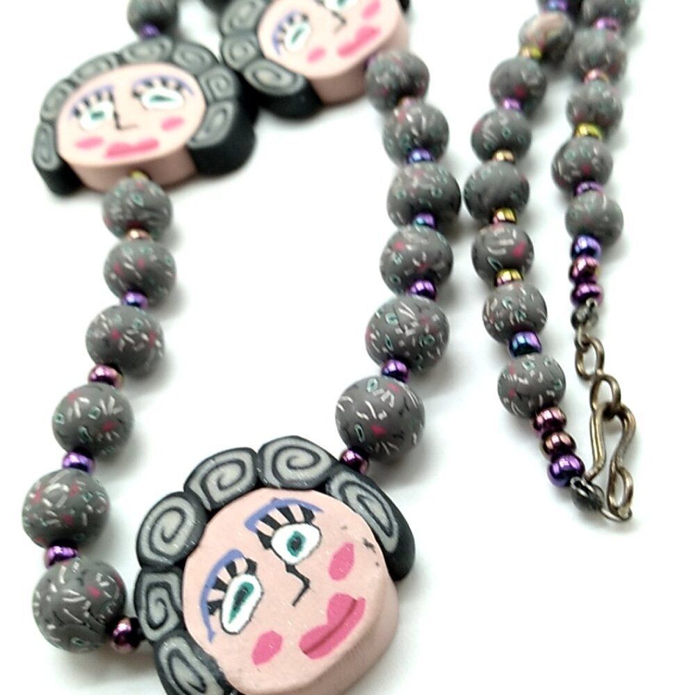 Wood Cartoon Face Beaded Necklace